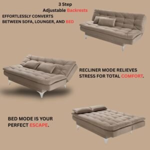 AMATA Eagle Solid Wood 3 Seater Sofa Cum Bed Camel Suede velevt Fabric with Two Cushions - Image 2