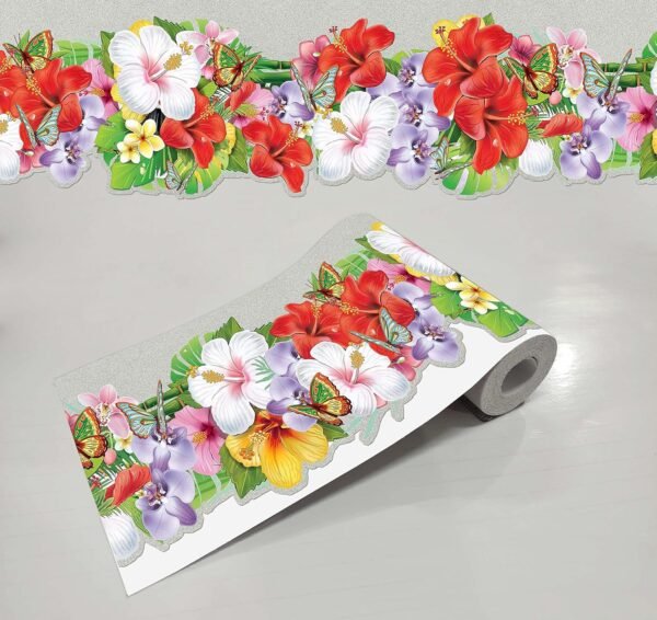 WallDesign Orchid Hibiscus Flowers with Butterflies Waterproof Border Sticker